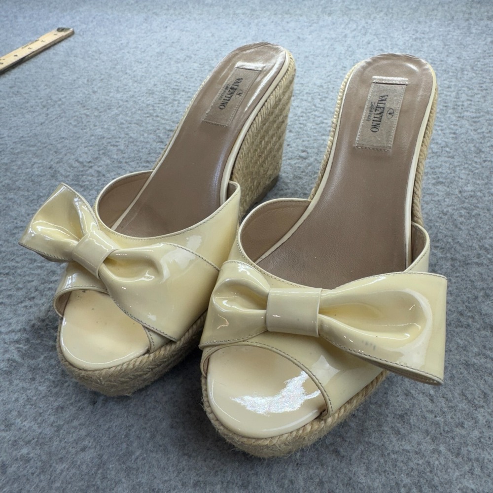 Valentino MENA Wedge Sandals Size 38 Bow‎ Slide Patent Espadrille Slides Italy